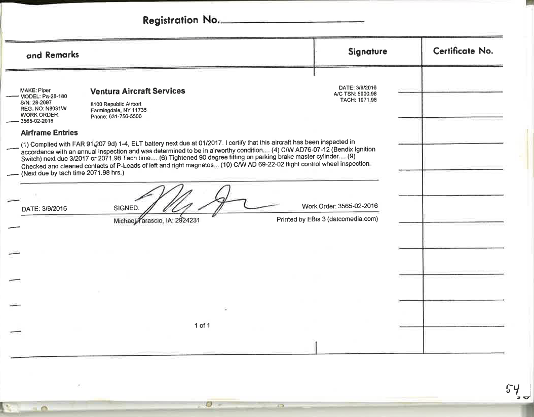 Annual Inspection N8031W Logs